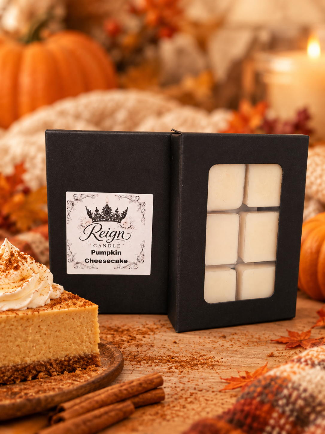 Reign Candle Pumpkin Cheesecake wax melts in black packaging beside pumpkin cheesecake and pumpkins