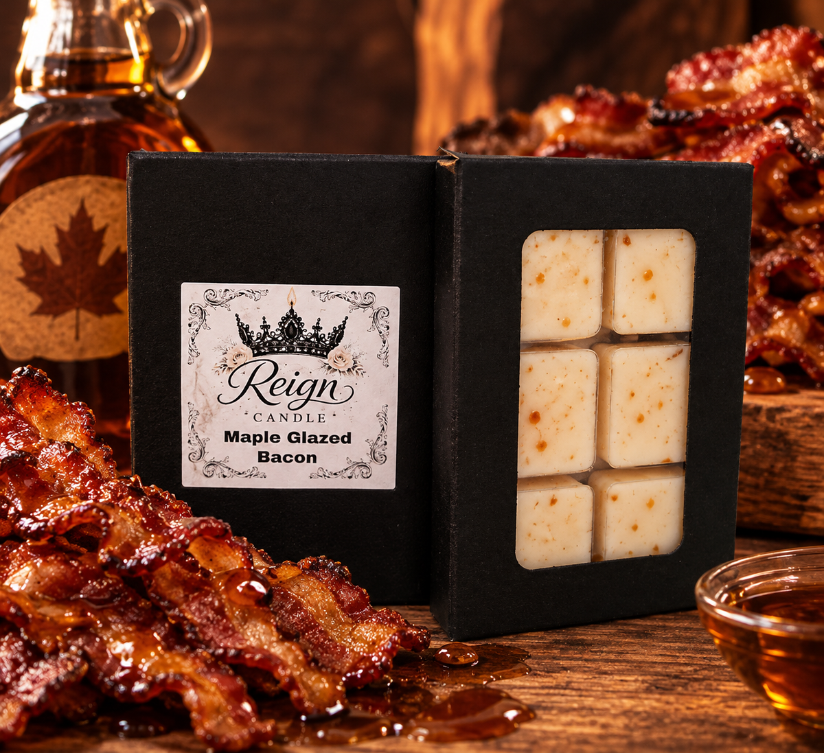 Reign Candle Maple Glazed Bacon wax melts in black packaging beside glazed bacon and maple syrup