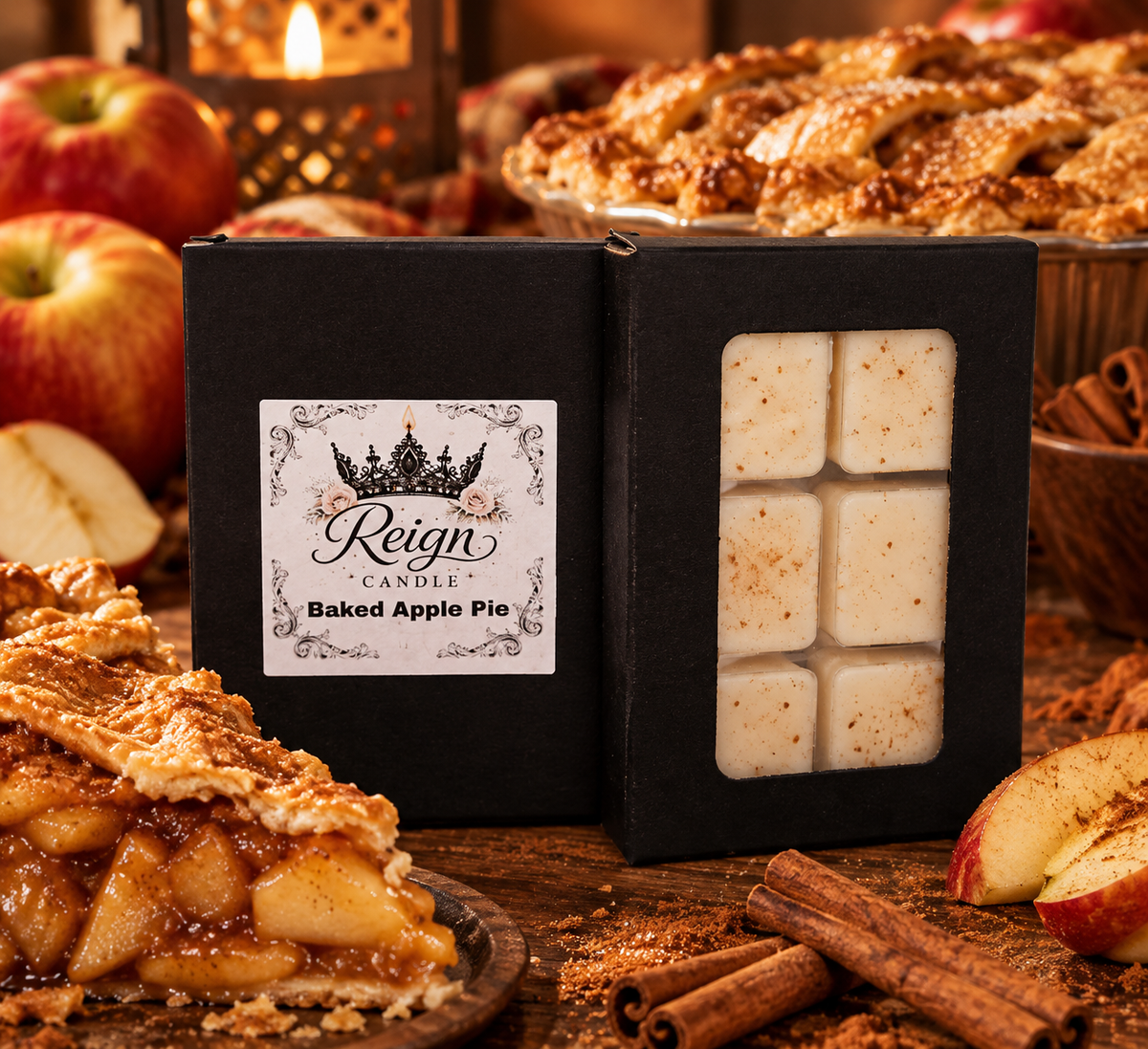 Reign Candle Baked Apple Pie wax melts in black packaging beside apples and apple pie