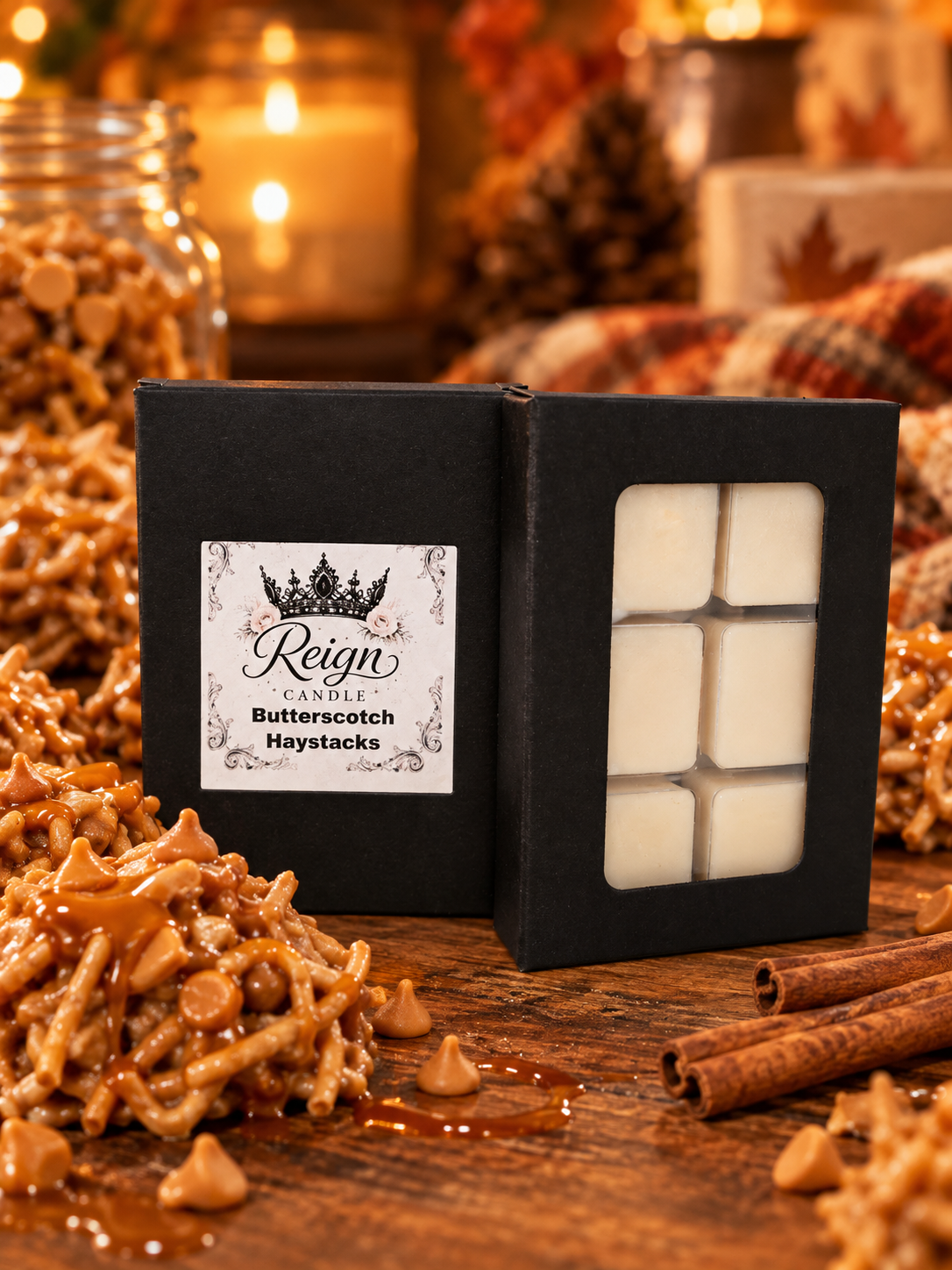 Reign Candle Butterscotch Haystacks wax melts in black packaging beside butterscotch treats