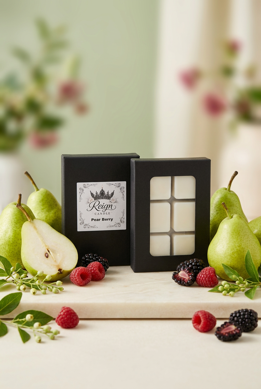 Reign Candle Pear Berry wax melts in black packaging with fresh pears and berries